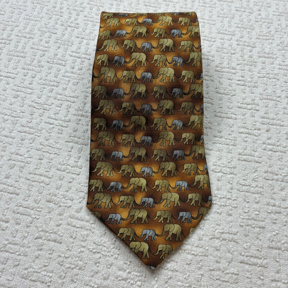 Ties to Nature Mens Silk Tie Bronze Gold Silver Elephant Parade Animal Print
